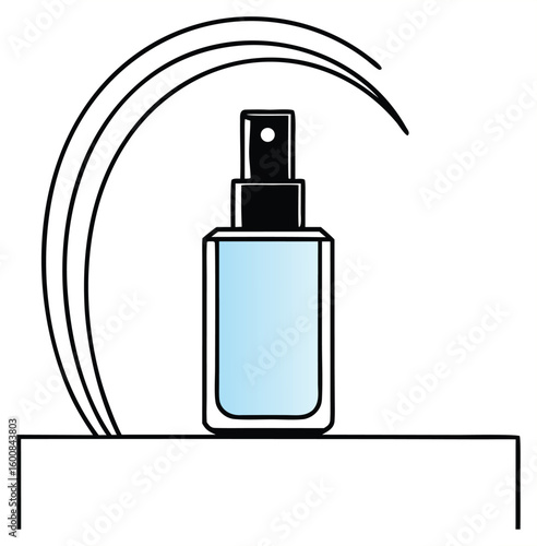 Elegant minimalist illustration of a light blue liquid filled perfume bottle with a black spray pump presented under a graceful curved line on a white surface symbolizing beauty and fragrance