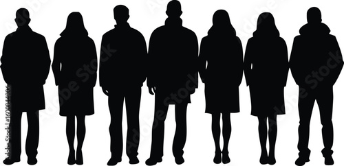 Silhouette of Seven People Standing Side by Side Wearing Jackets and Coats Isolated