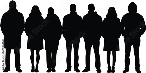 Silhouette of Seven People Standing Together Wearing Jackets, Coats and a Hat on White