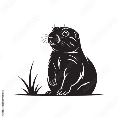 Detailed black and white illustration of a prairie dog sitting attentively next to blades of grass isolated on white background