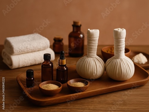 Ayurvedic Spa Essentials on Wooden Tray – Herbal Compress and Oils