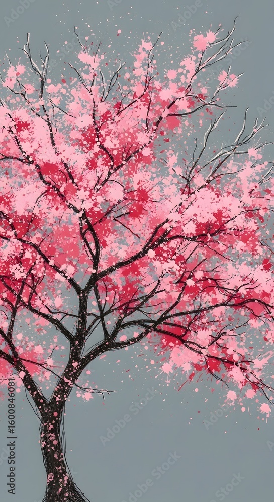 Fototapeta premium Pink cherry blossom tree illustration, abstract art, gray background