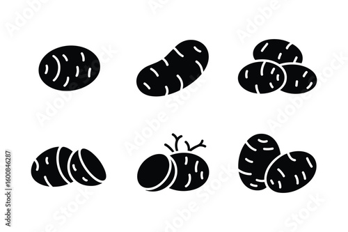 Black potato silhouettes with various cuts and groupings potatoes icon