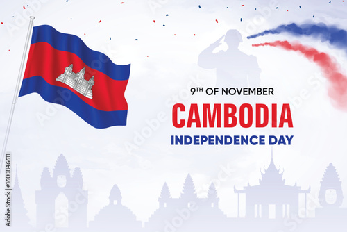 Cambodia Flag Waving With Army Soldier and Air Show On Skyline Background. Independence Day Concept Design Vector Illustration.