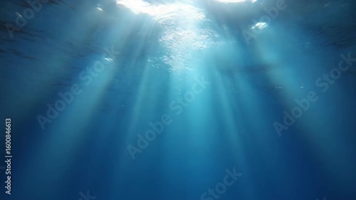A dramatic underwater scene from the deep sea looking up, as powerful sunbeams pierce the dark blue water from the bright surface