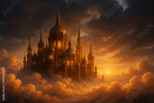Fantasy cathedral palace floating in golden sunset clouds
