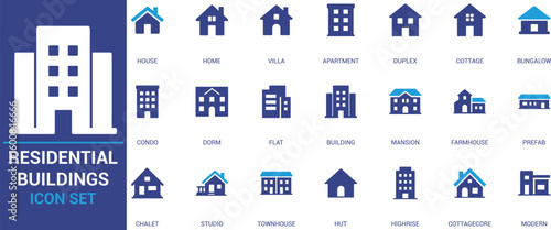 Flat vector icon set of residential buildings including house, apartment, condo, villa, mansion, cottage, studio, and townhouse. Ideal for real estate and UI use.
