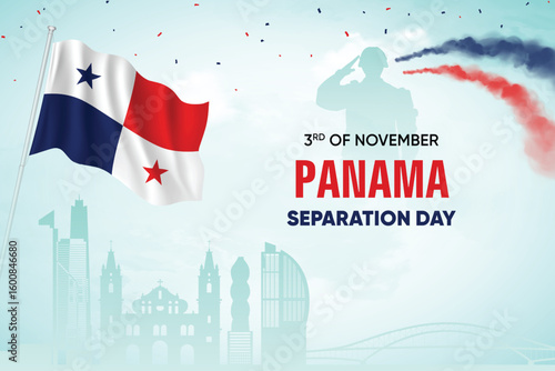 Panama Flag Waving With Army Soldier and Air Show On Skyline Background. Separation Day Concept Design Vector Illustration.
