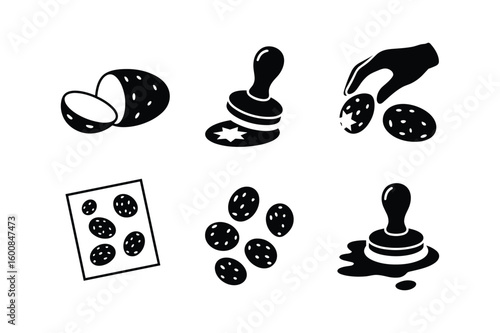 Black silhouette icons of cookies and cookie cutters cutting dough