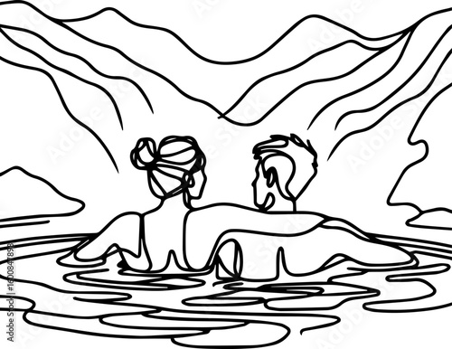 Couple hot spring. Line art couple enjoying water view with mountains in background  