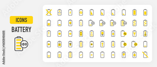 Battery icons. Low Battery, Half Battery, Full Battery, Battery Level, Remove, Notification, Charge, Check, Cancel, Add, Charging, No Battery, Banned vector stroke illustration.	
