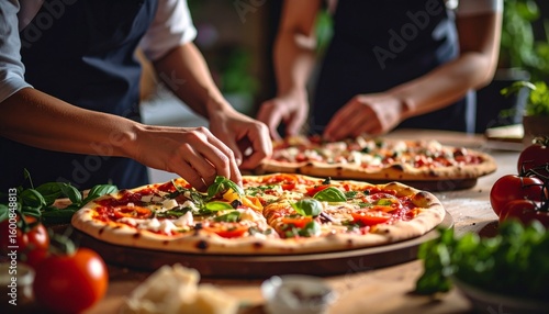 Close-up view of skilled hands expertly shaping and stretching fresh pizza dough, capturing the artisanal process of pizza making with flour dust and rustic kitchen ambiance in cinematic lighting