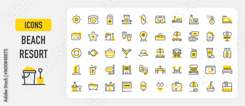 Beach resort icons. Money Exchange, Vest, Bathtub, Sand Castle, Resort, Popsicle, Swimsuit, Luggage, Umbrella, Boat, Pool, Sun, Camera, Door Sign, Hotel vector stroke illustration.	
