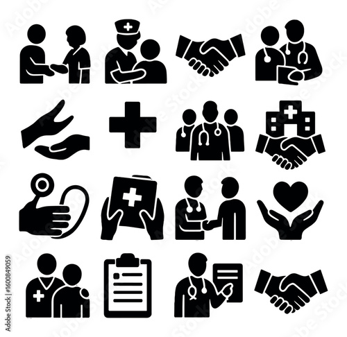 Healthcare silhouette icon set. containing doctor, patient, handshake, stethoscope, clipboard, cross, care, heart.