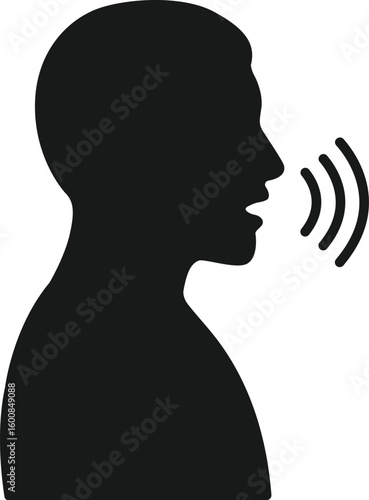 Voice Communication Icon – Black Silhouette of Speaking Person with Sound Wave Lines on Transparent Background
