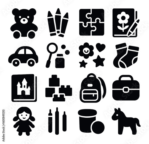 Children's toys silhouette icon set. featuring teddy bear, crayons, puzzle, notebook, car, magnifying glass, building blocks, backpack