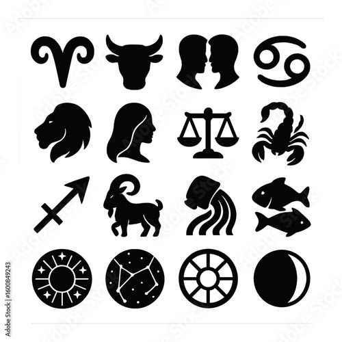 Zodiac silhouette icon set. featuring aries, taurus, gemini, cancer, leo, virgo, libra, scorpio, sagittarius, capricorn, aquarius, pisces.