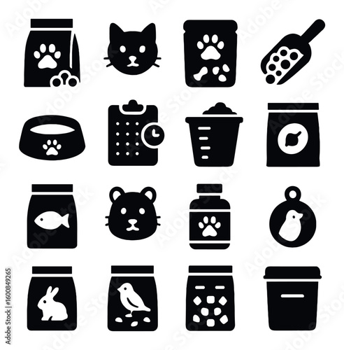Pet care silhouette icon set. containing food, cat, scoop, bowl, calendar, vitamins, tag, and more.