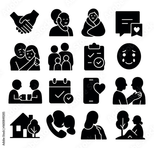 Family and relationship silhouette icon set. includes communication, support, parenting, home, and emotions.
