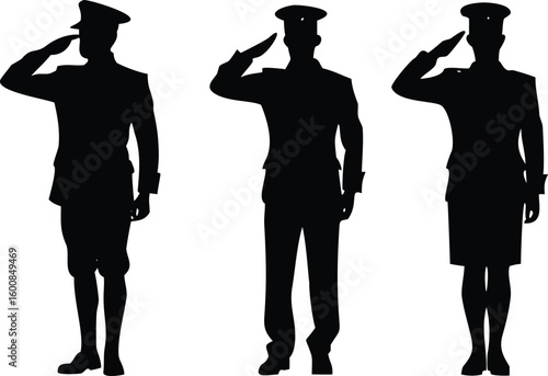 Silhouettes of Three Saluting Military Personnel in Uniforms, Standing at Attention on White Background