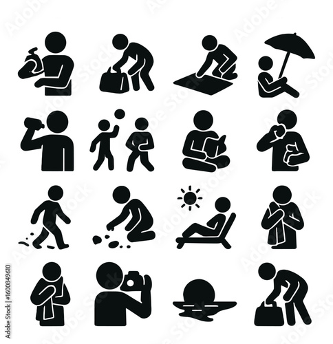 Leisure silhouette icon set. activities: drinking water, shopping, exercising, reading, walking, photography.