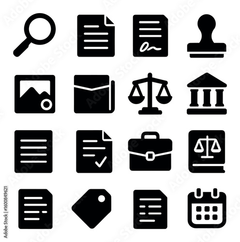 Legal silhouette icon set: documents, scale, stamp, briefcase, calendar, tag, folder, building