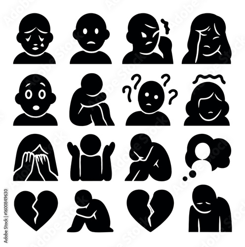 Emotional silhouette icon set. featuring sad face, broken heart, cry, confusion, loneliness, stress and more.