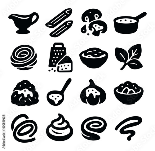 Food silhouette icon set. featuring pasta, spices, soup, herbs, cheese and more.