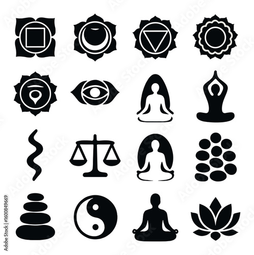 Wellness silhouette icon set: chakra, yoga, meditation, balance, yin yang, lotus, zen stones, eye, scales, serpent