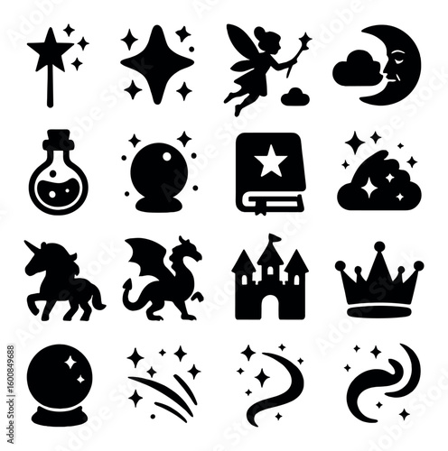 Fairy tale silhouette icon set: wand, star, fairy, moon, potion, crystal ball, book, unicorn, dragon, castle, crown