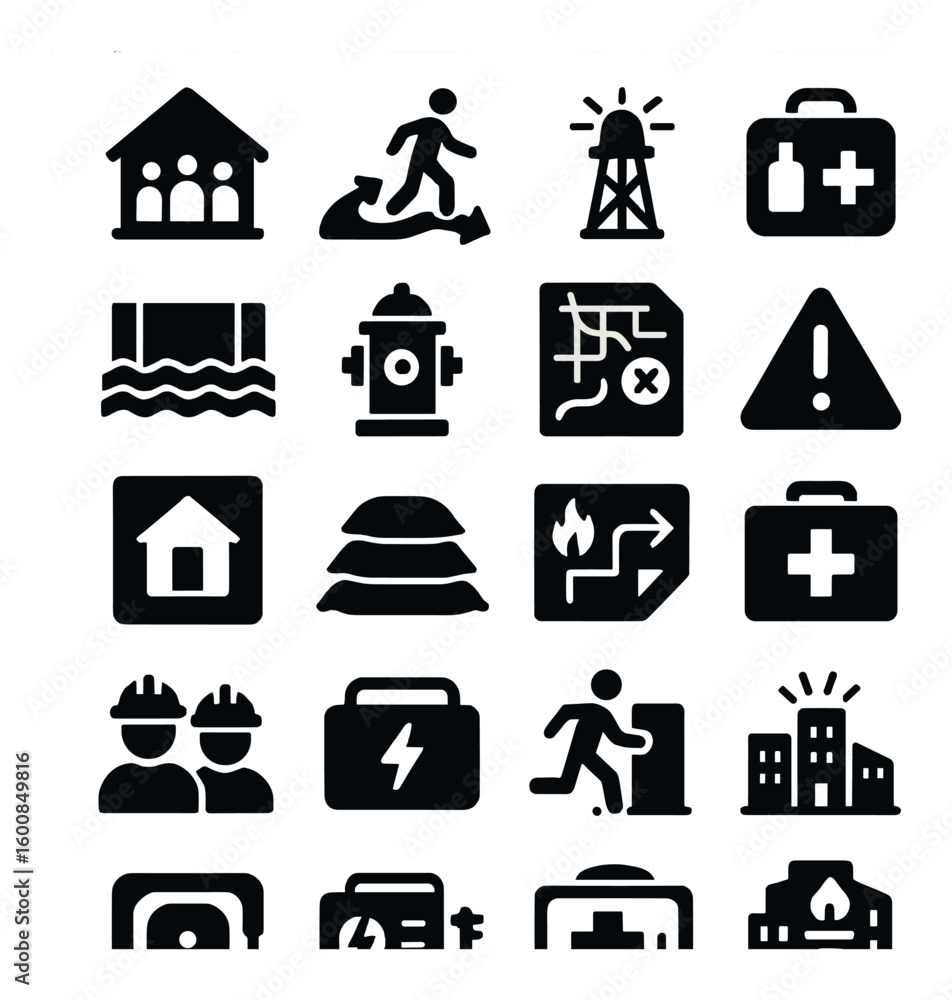 © peppastocker - Emergency silhouette icon set. containing rescue, shelter, fire alarm, first aid, flood, and more. © peppastocker - Emergency silhouette icon set. containing rescue, shelter, fire alarm, first aid, flood, and more.