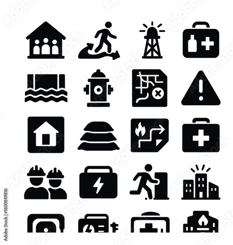 Emergency silhouette icon set. containing rescue, shelter, fire alarm, first aid, flood, and more.