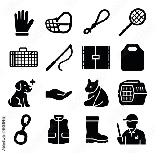 Pet care silhouette icon set. containing glove, muzzle, leash, racket, carrier, whistle, suitcase, treat bag, dog, hand, pet, crate, hook, vest, boots, trainer.