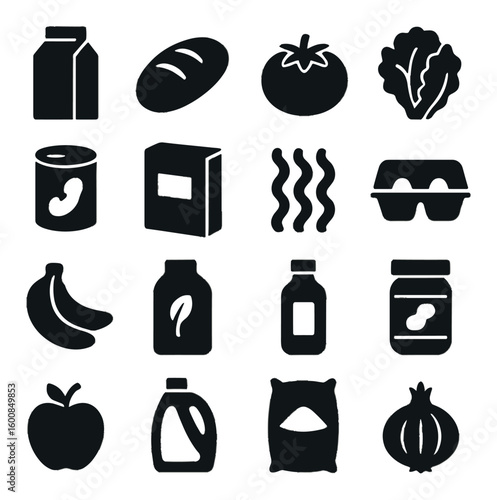 Grocery silhouette icon set. containing milk, bread, tomato, lettuce, can, cereal, bacon, eggs, banana, juice, apple, onion.