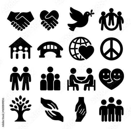 Community silhouette icon set. includes handshake, dove, group, friends, globe, peace, unity, and more.