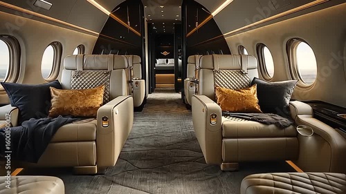 Luxurious private jet cabin interior.