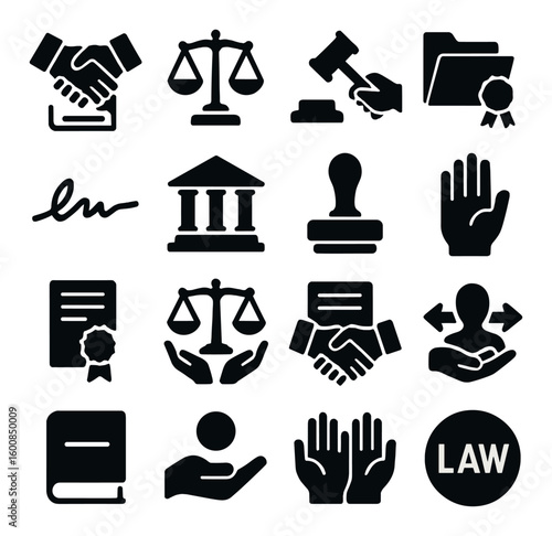 Legal silhouette icon set. containing scales, gavel, courthouse, contract, agreement, folder, hand.