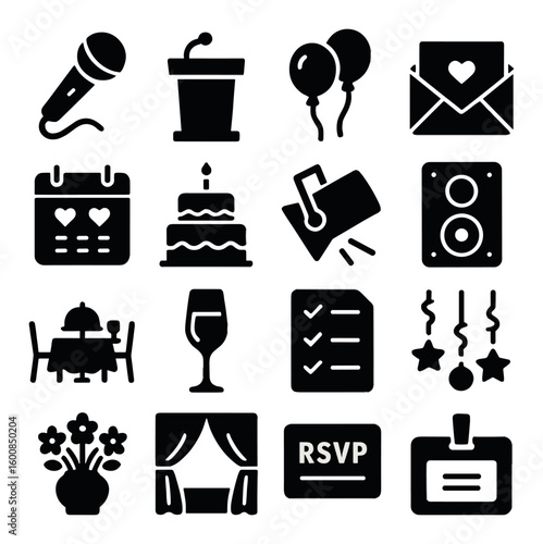 Event silhouette icon set. featuring microphone, podium, balloons, envelope, calendar, cake, invitation, speaker