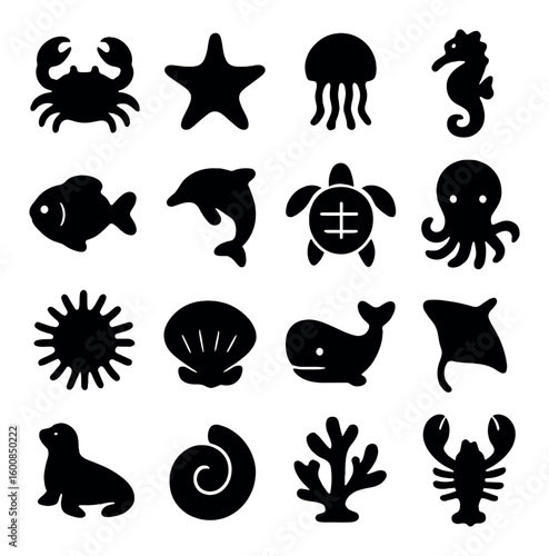 Marine silhouette icon set. containing crab, starfish, jellyfish, seahorse, fish, dolphin, turtle, octopus, whale