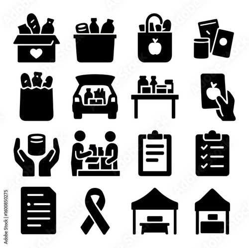 Food donation silhouette icon set. includes groceries, canned goods, volunteers, checklist, and more.