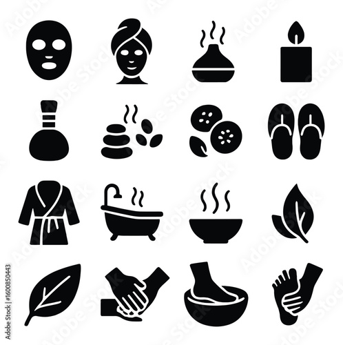 Spa silhouette icon set. including face mask, aromatherapy, candle, bath, leaves, massage, slippers, stones