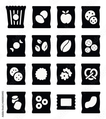 Food silhouette icon set. includes popcorn, eggs, apple, cookies, candy, coffee, chips, pretzel, biscuit, donut