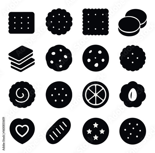 Cookie silhouette icon set. featuring round, square, layered, heart, lemon, sandwich, star-shaped cookies.