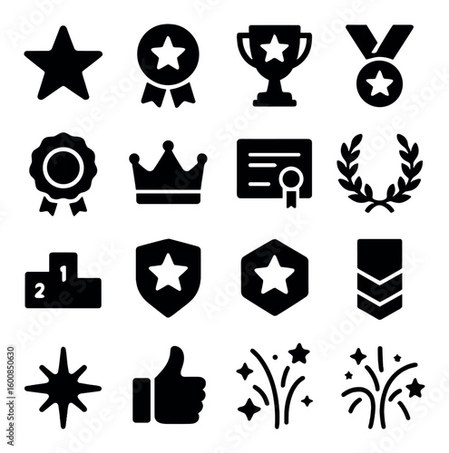 Achievement silhouette icon set. featuring trophy, medal, certificate, crown, award, badge, fireworks.