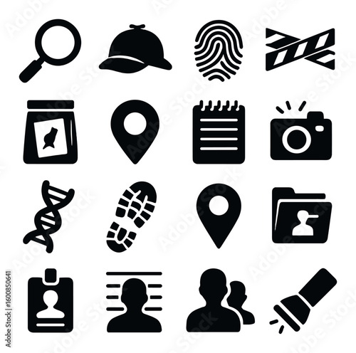 Detective silhouette icon set. featuring magnifying glass, cap, fingerprint, camera, dna, location, flashlight, id, and more.