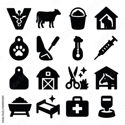 Veterinary silhouette icon set: animal, farm, vaccination, medical kit, pet tag, barn, cow, horse