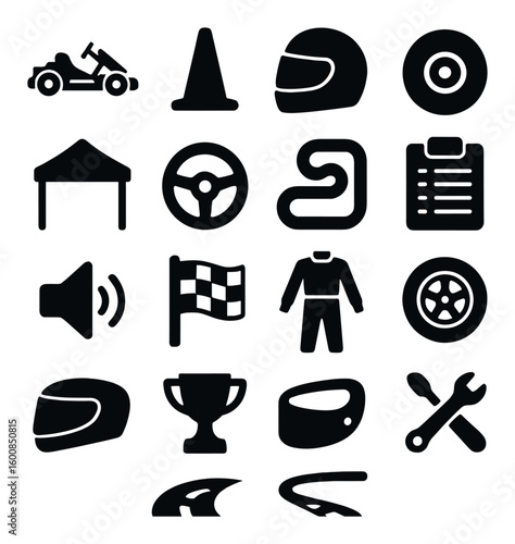 Motorsport silhouette icon set. contains helmet, trophy, race track, steering wheel, checkered flag and more.