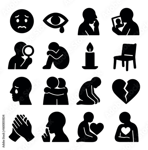 Emotions silhouette icon set. containing sadness, grief, solitude, loss, hope, contemplation, and more.
