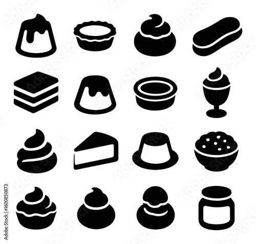 Desserts silhouette icons set. includes pudding, tart, eclair, mousse, soufflé, pie, pastry, cheesecake.