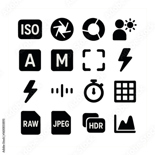 Photography silhouette icon set. includes iso, aperture, portrait, focus, flash, timer, raw, jpeg, and more.